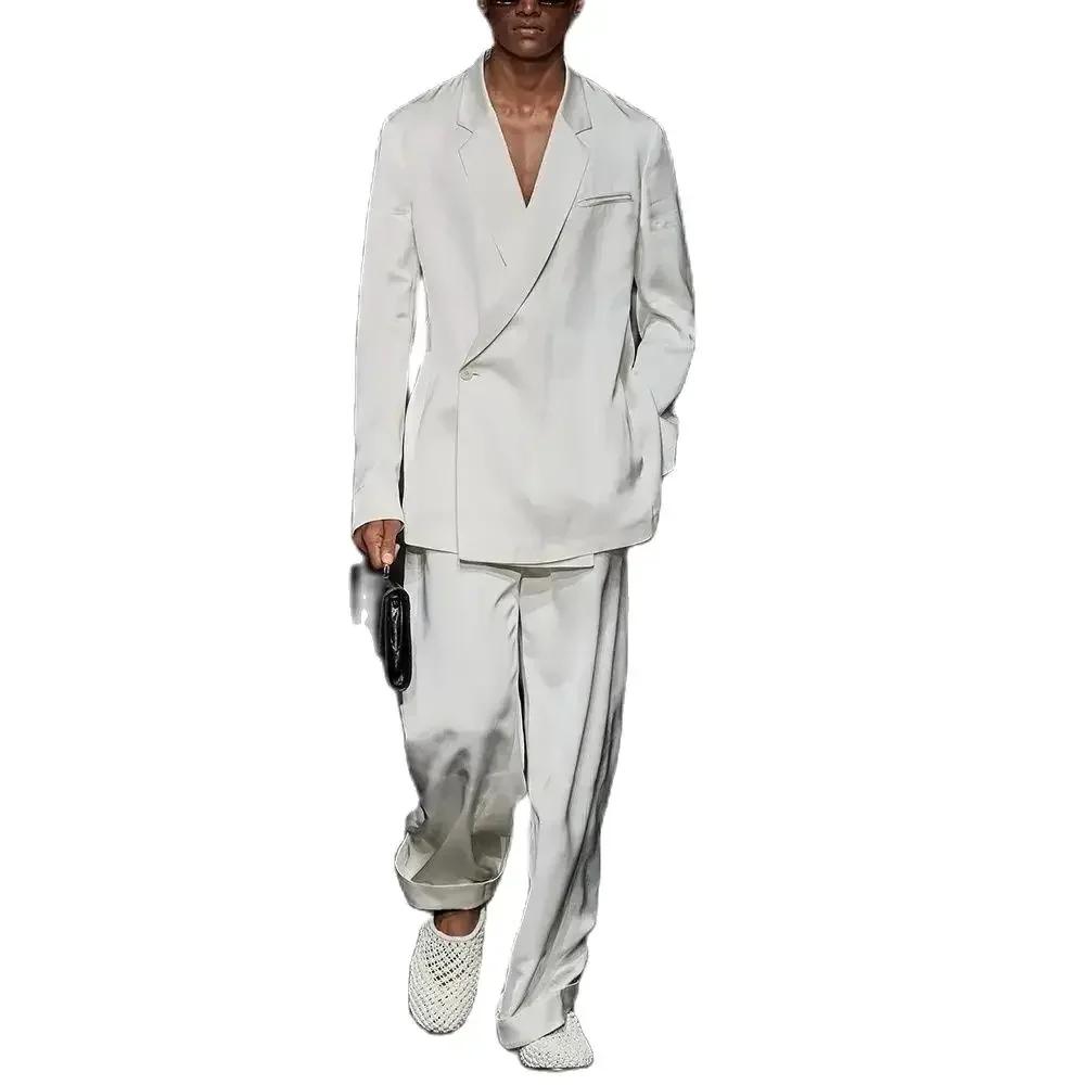 Costume Blanc à Revers à Encoche et un Bouton pour Homme, Tenue de Voyage Chic et Décontractée, Smok