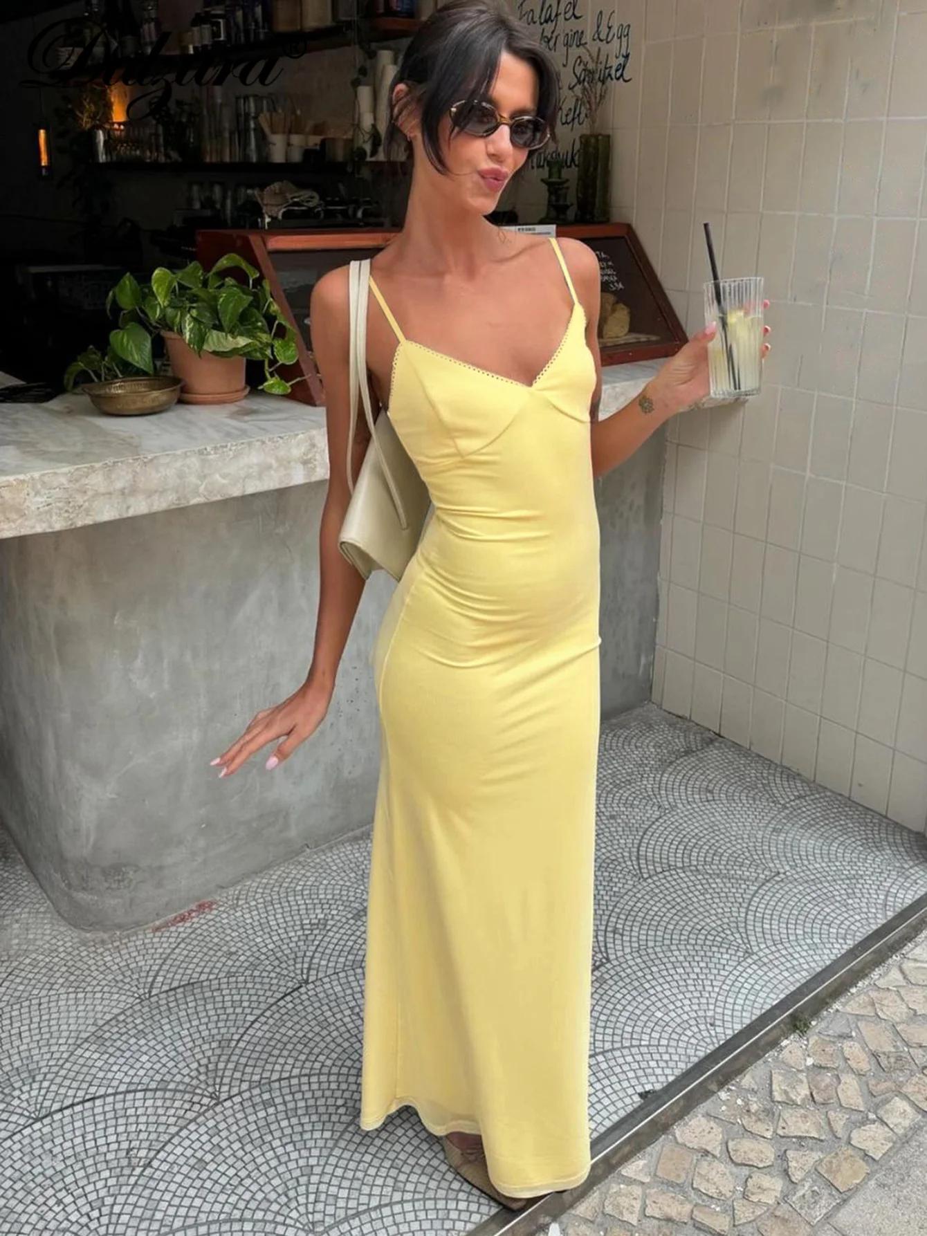 Dulzura sans manches dos nu moulante maille Cami robe Maxi femmes solide Sexy décontracté robe longu