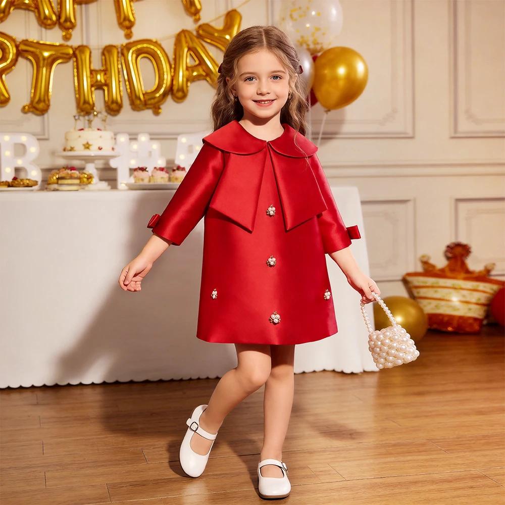Nouvelle robe de princesse rouge à manches longues de style occidental pour filles, jupe évasée, rob