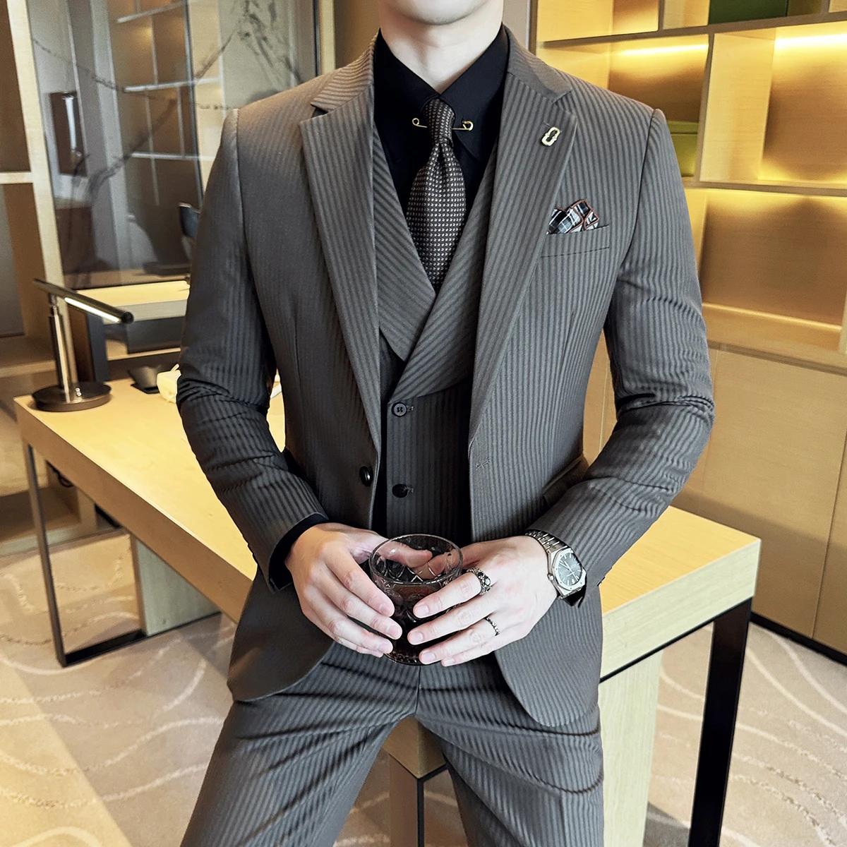 (Vestes + pantalons + gilet) costume de luxe à rayures pour hommes Version coréenne mode élégant cou