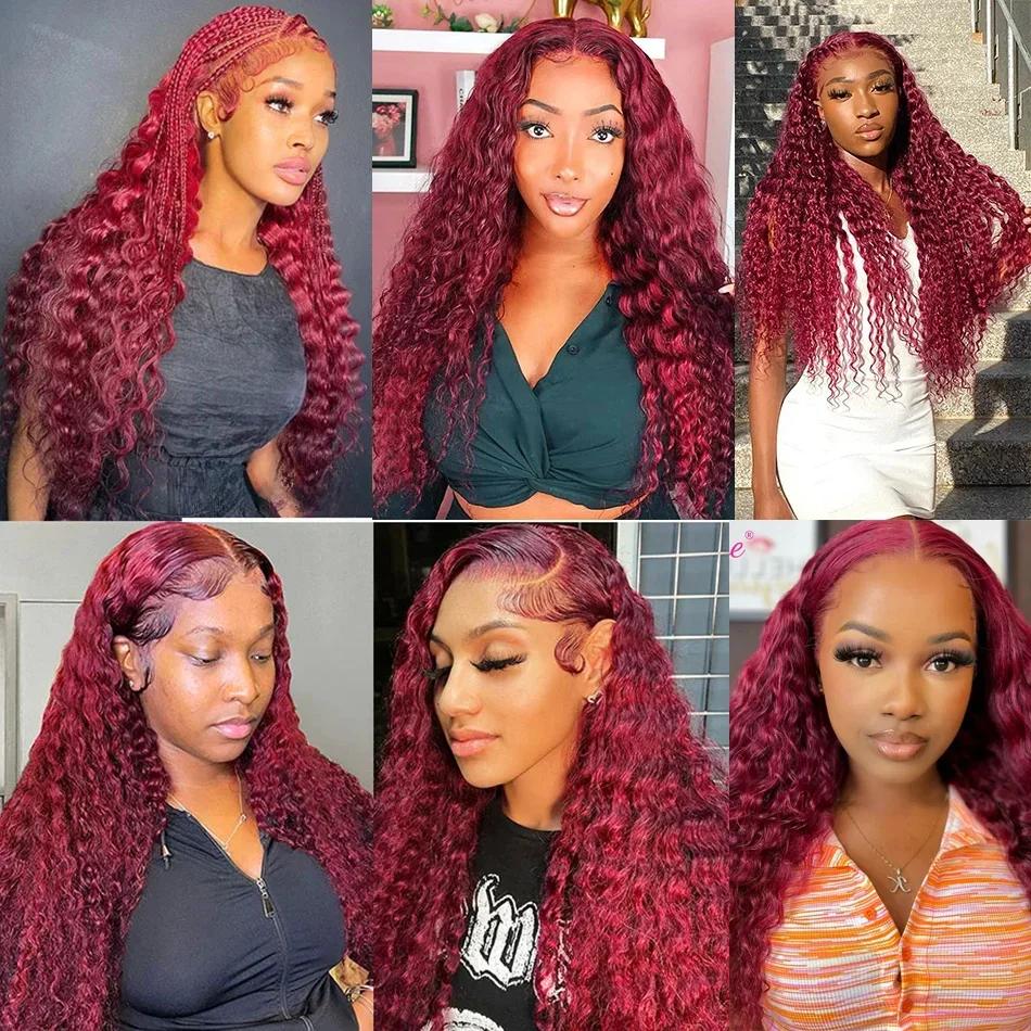 Perruque Deep Wave Lace Front Wig Naturelle, Cheveux Bouclés, Couleur Rouge Bordeaux 99J, Pré-épilés