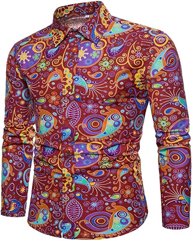Chemises Disco à la mode pour hommes des années 70, chemises décontractées, florales, Vintage, manch