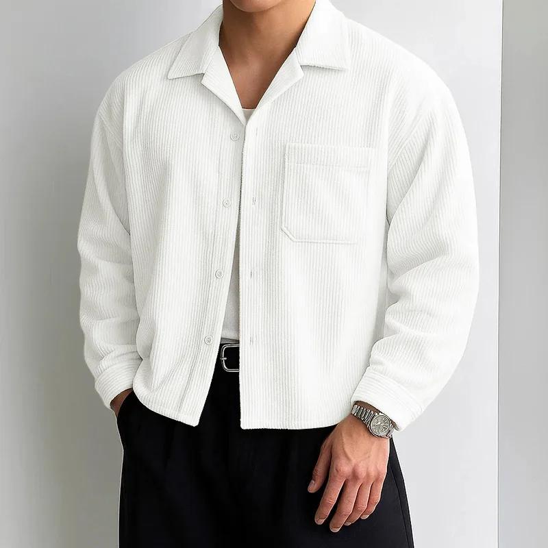 Chemises courtes en velours côtelé pour hommes, manches longues, couleur unie, col de costume, chemi
