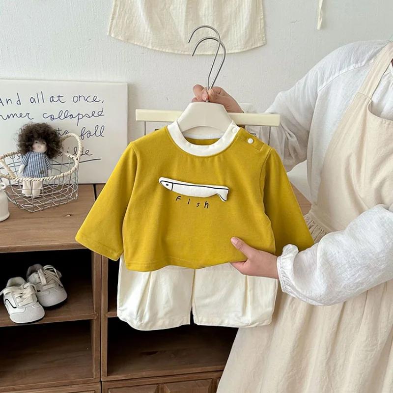 T-shirt à manches longues pour enfants de 6 mois à 4 ans, motif poisson jaune, respirant et doux, po
