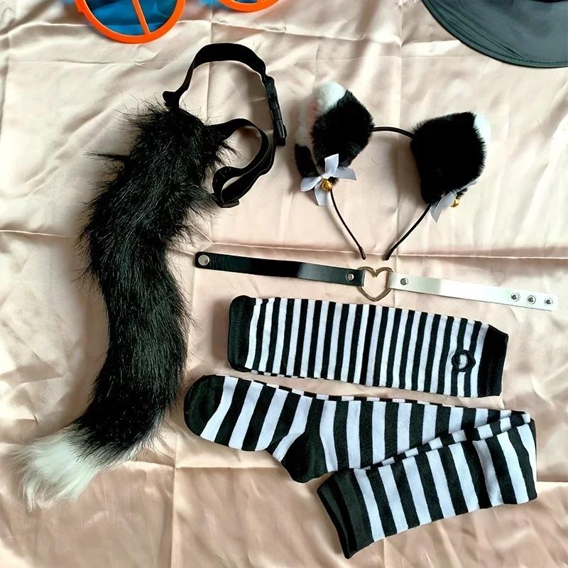 Ensemble de costumes de jeu de rôle à rayures noires et blanches, queue en fourrure, gants et chauss