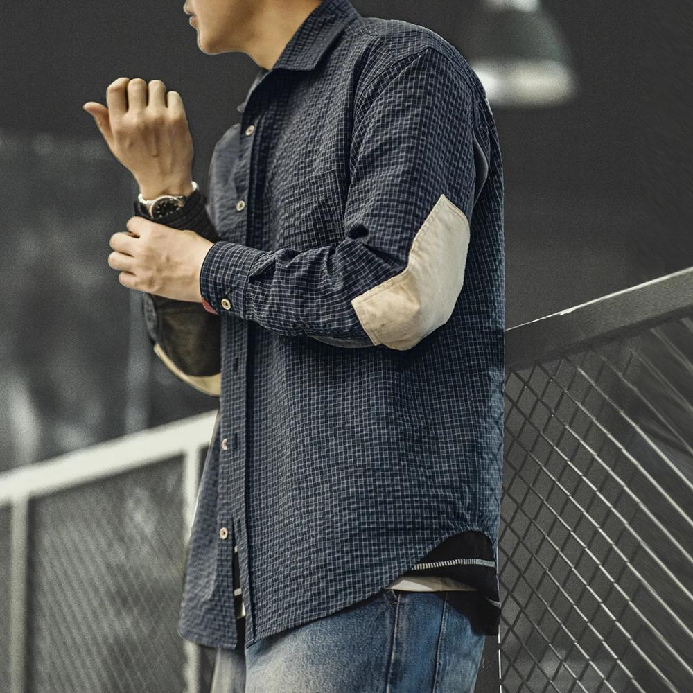 Maden-Chemise à carreaux rétro Seersucker pour homme, manches longues, revers texturé, épissage, con