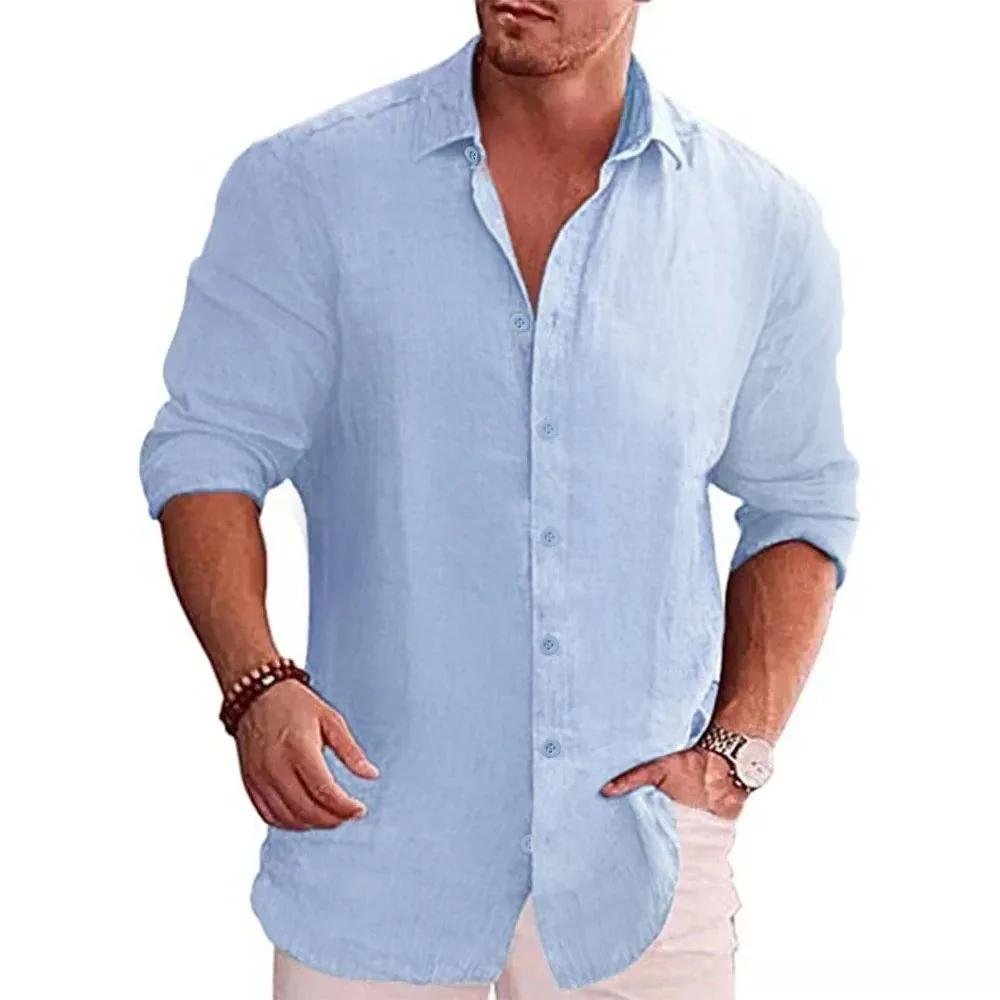 Chemise à manches longues pour hommes, en coton et lin, couleur unie, Style décontracté, grande tail