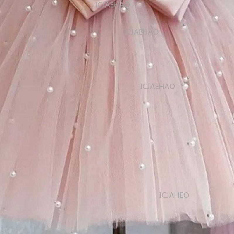 Robe de princesse rose à manches bouffantes 2026 pour fête d'anniversaire, faite à la main avec nœud