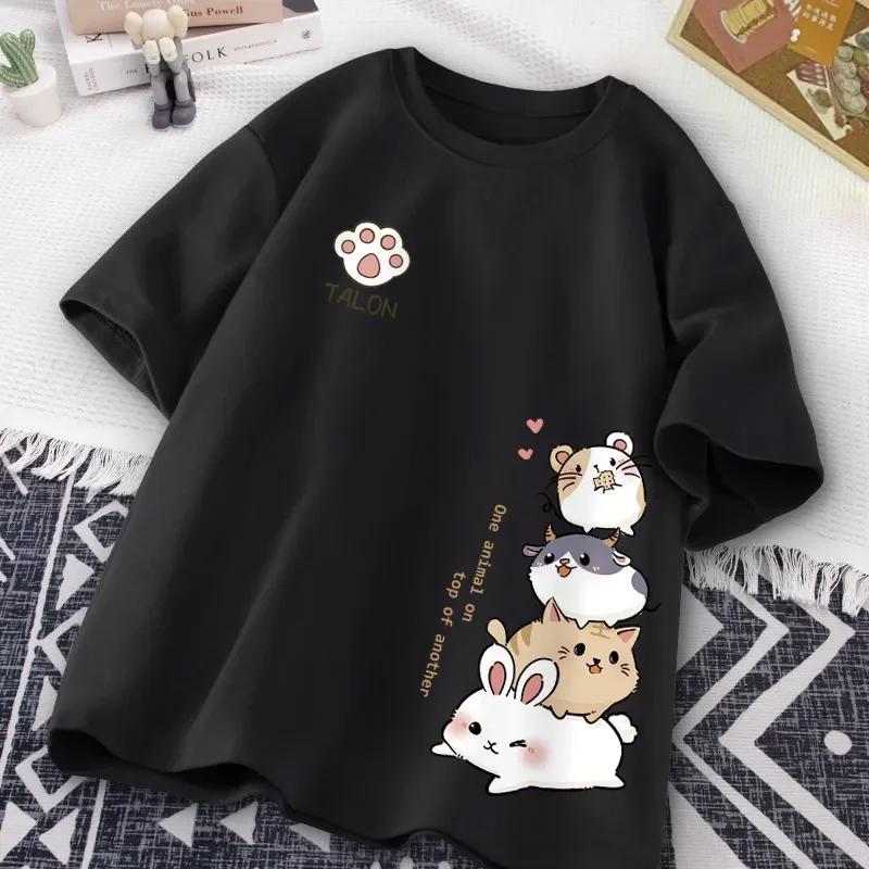 Mode d'été Simple chat impression universelle à manches courtes T-shirt ample décontracté grande tai