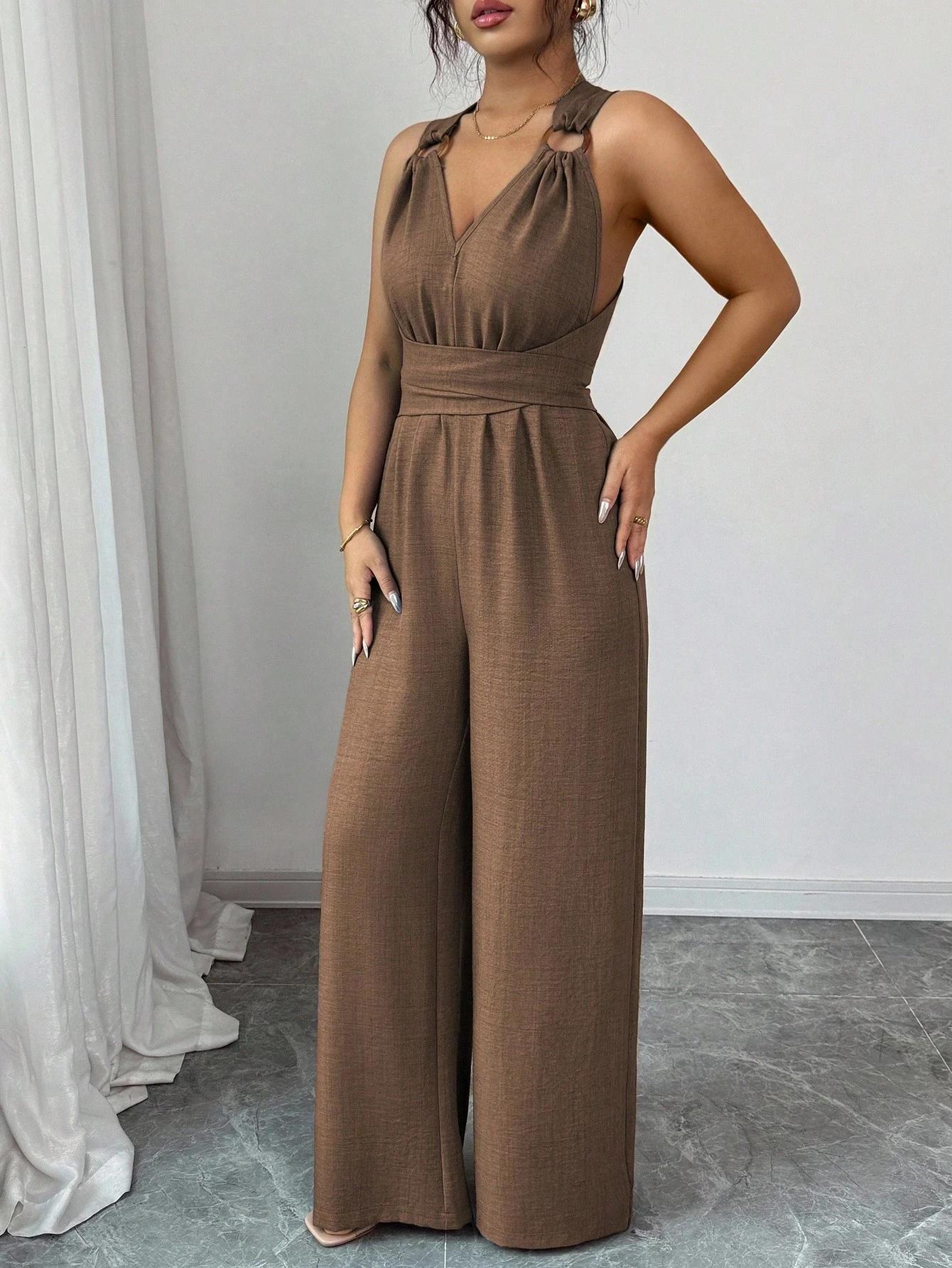 Combinaison femme col en v cravate taille large tenue d'été décontractée Style Madeleine été marron