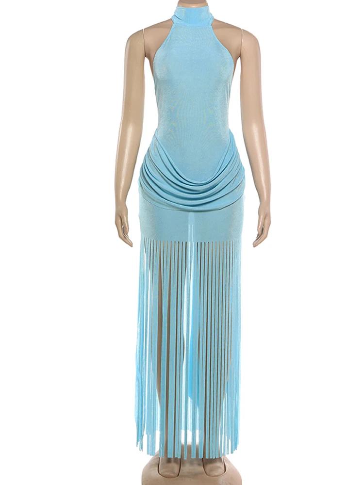 Bizarre chat licou robe à col roulé femmes velours froncé Patchwork gland ourlet élégant Sexy dos nu