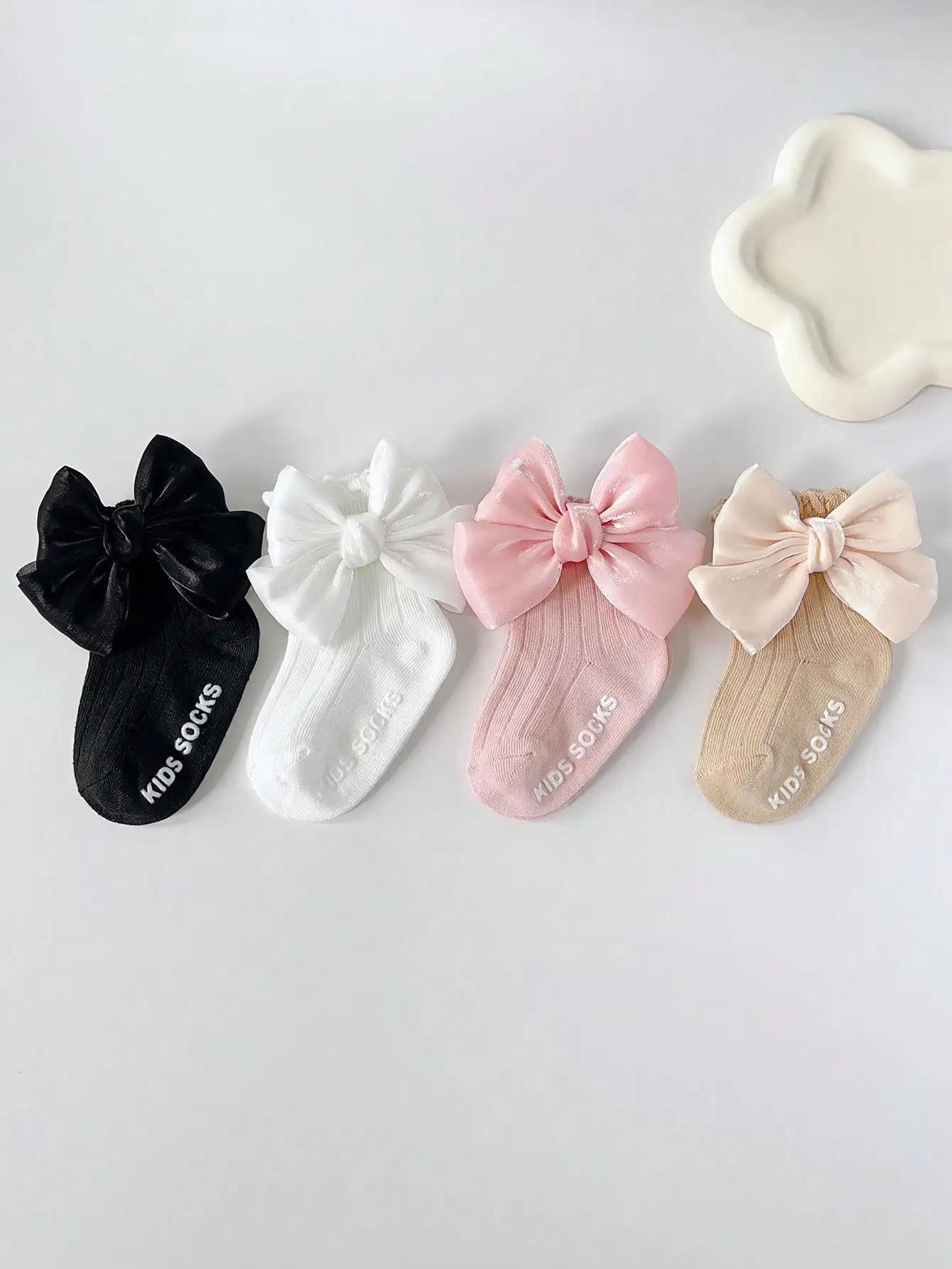4 paires de chaussettes de sol antidérapantes avec nœud pour bébé, chaussettes d'apprentissage douce