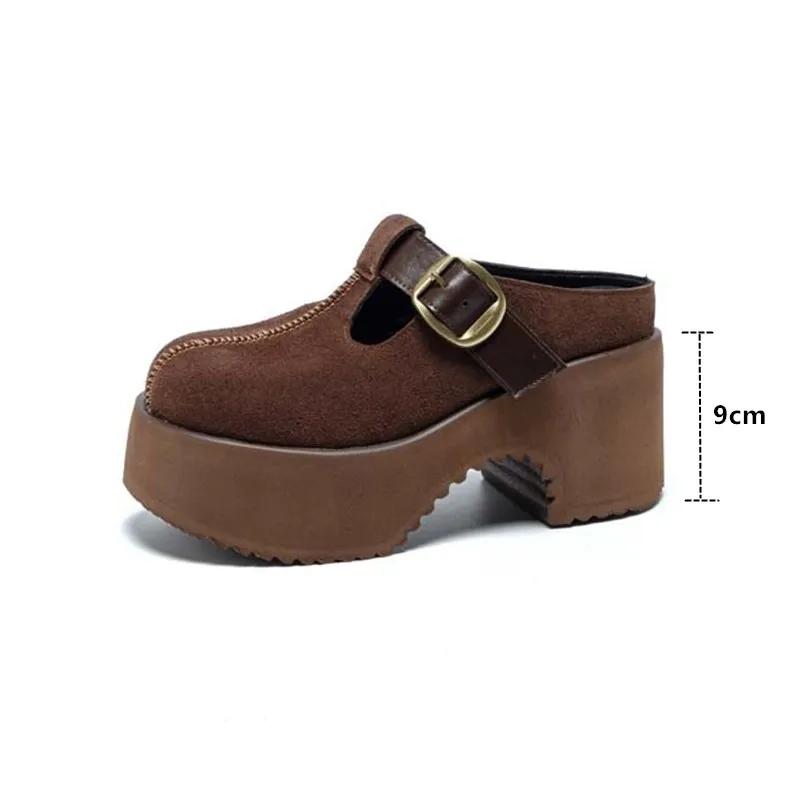 Mules pour femmes à talon haut de 9 cm, plateforme, en cuir véritable, à bout fermé, style décontrac