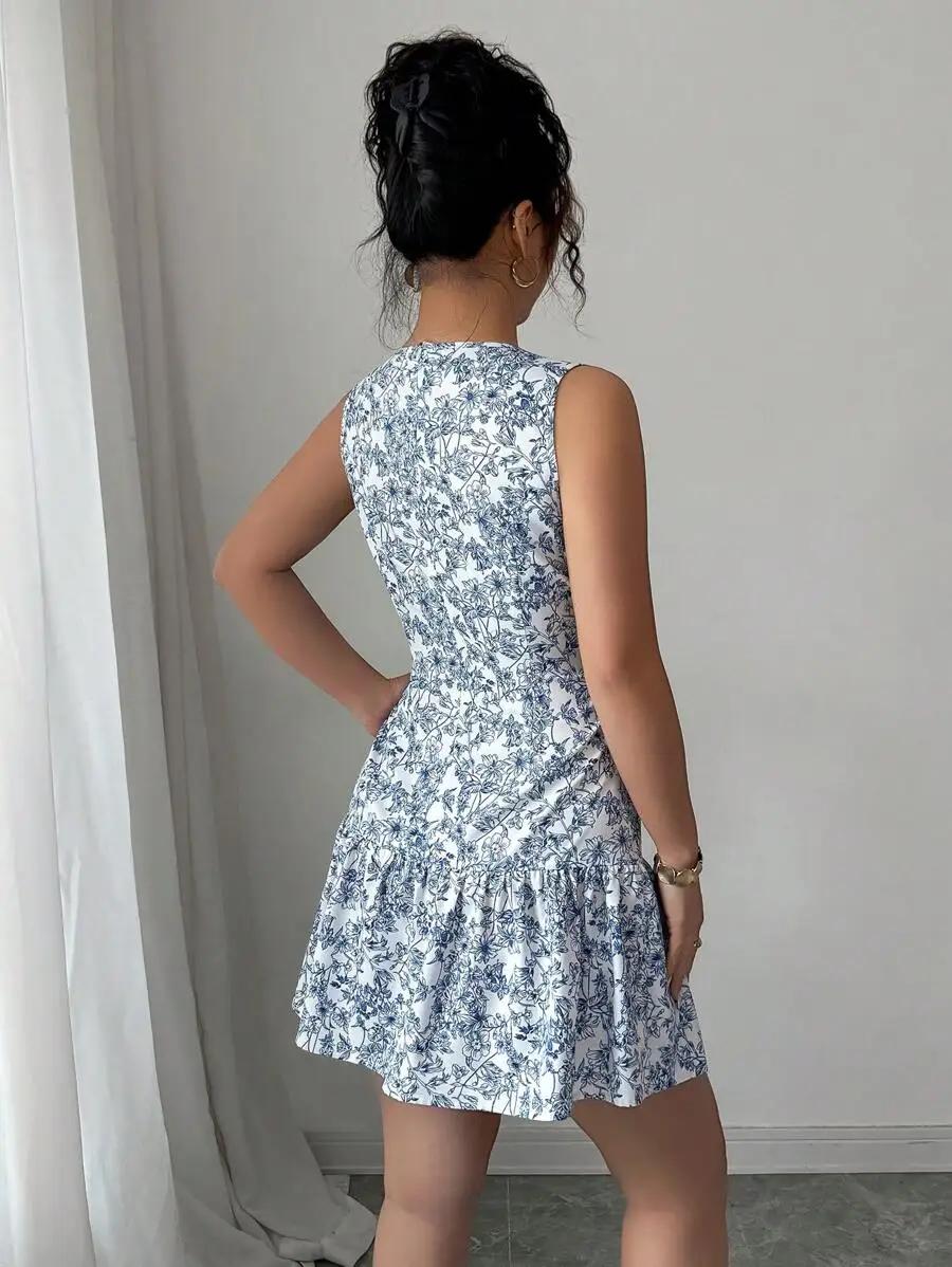 Robe florale bleue et blanche de style bohème et français pour le printemps/été, sans manches avec c