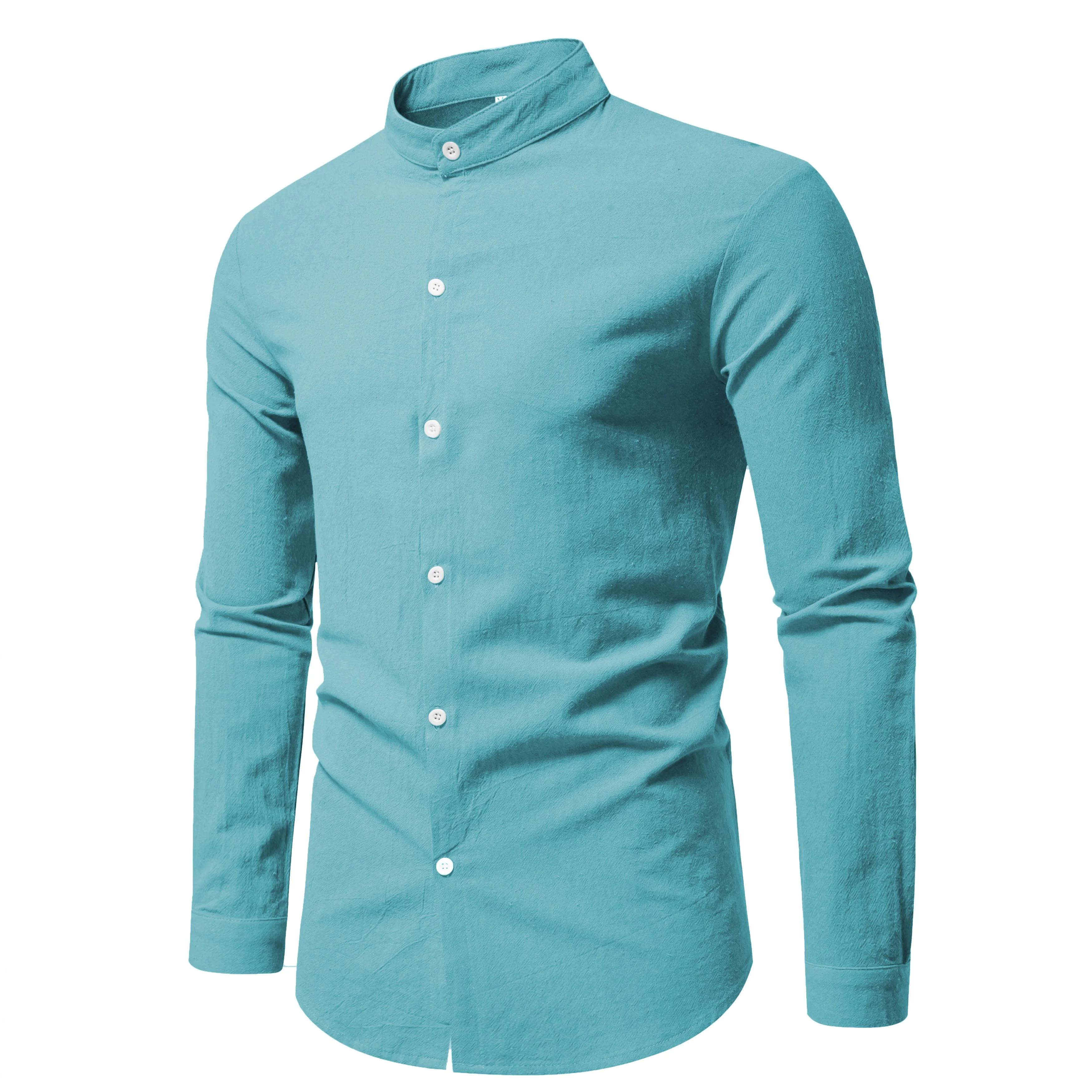 Printemps hommes à manches longues col montant couleur unie chemise décontractée hommes pur coton mo