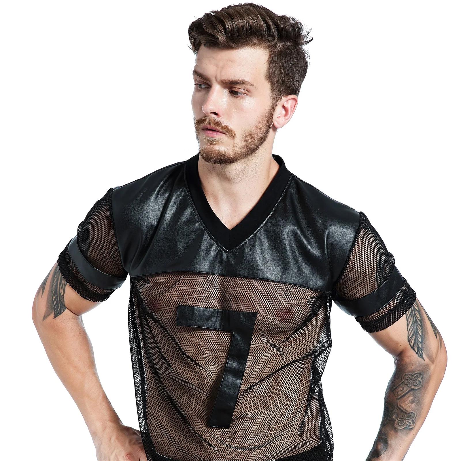 T-Shirt en résille pour hommes, Sexy, en Faux cuir PU, chemises en maille, hauts transparents, manch