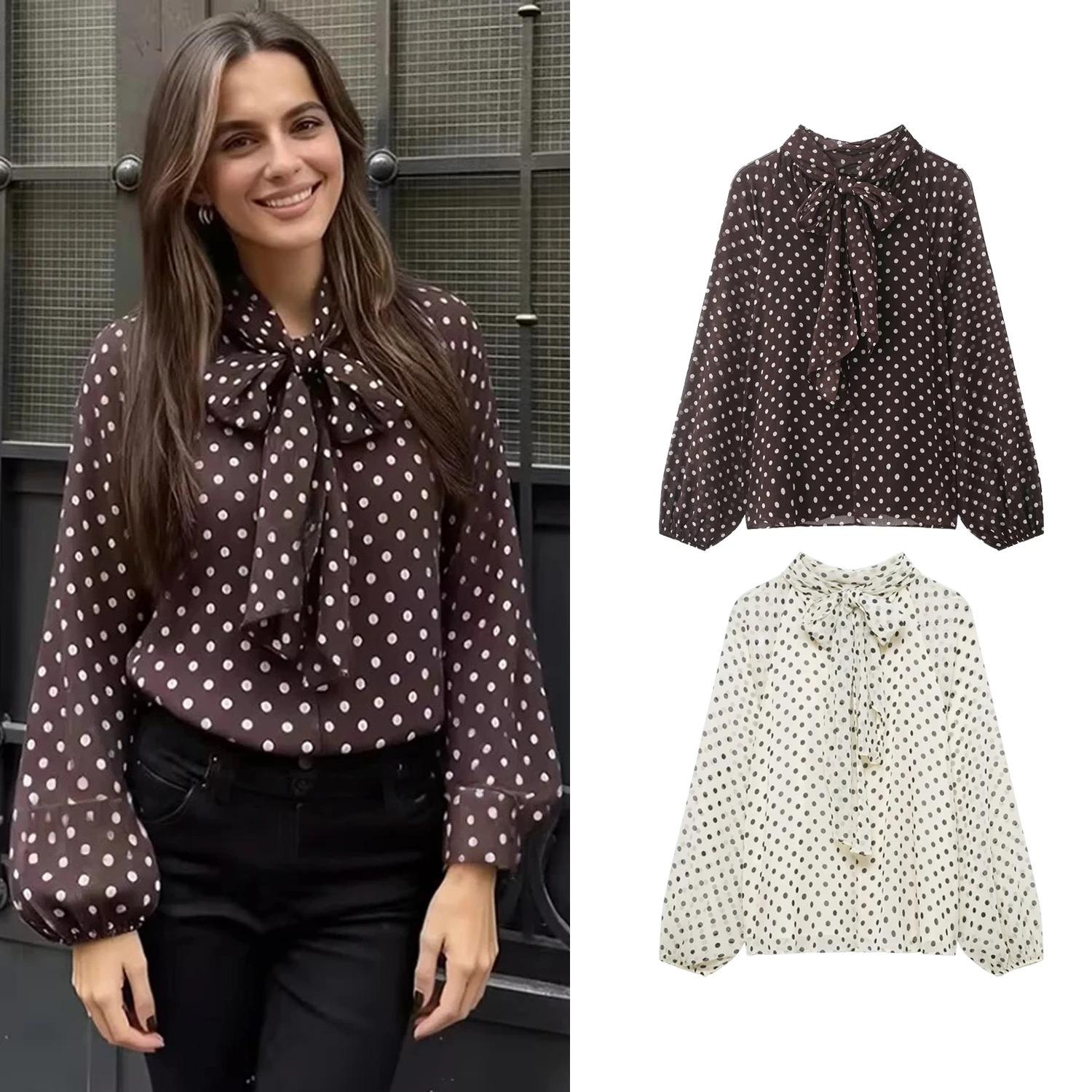 Chemise à manches longues à pois pour femmes, mode printemps automne, chemise à nœud à lacets, chemi
