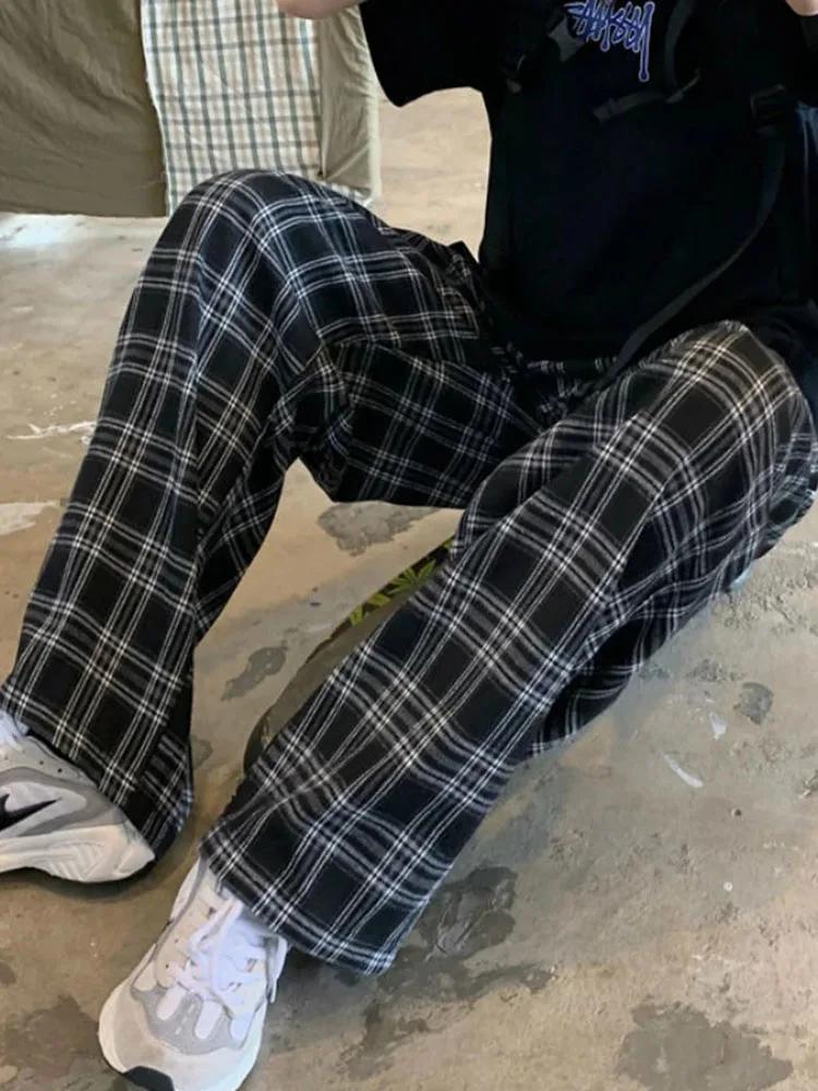 JMPRS-Pantalon à carreaux noir pour femme, surdimensionné, jambe large, surintendant ser, rétro, ado