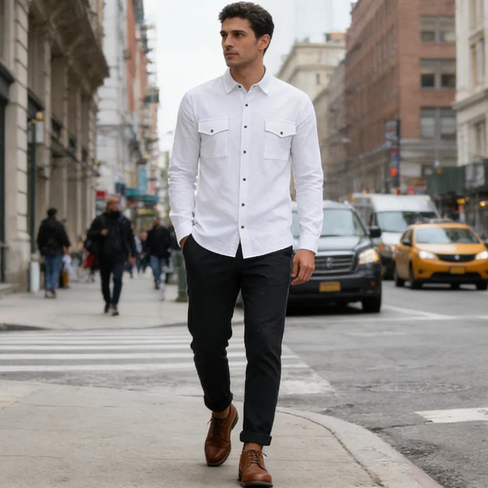 Nouvelle Chemise Décontractée Homme 2026 à Manches Longues avec Double Poche Poitrine, Boutonnée, en