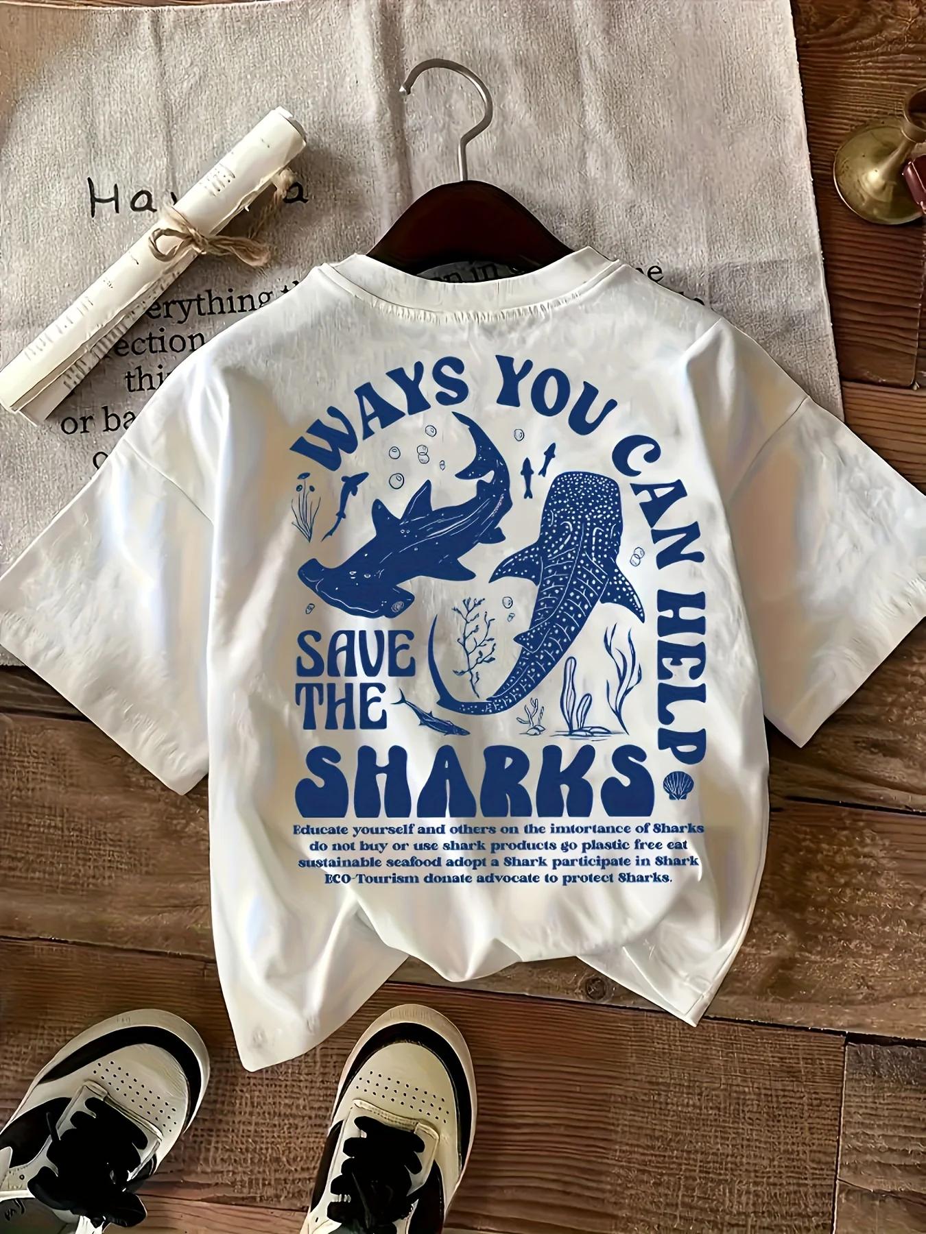 T-Shirt col rond décontracté pour femmes, 100% coton, avec imprimé requin, manches courtes, à la mod