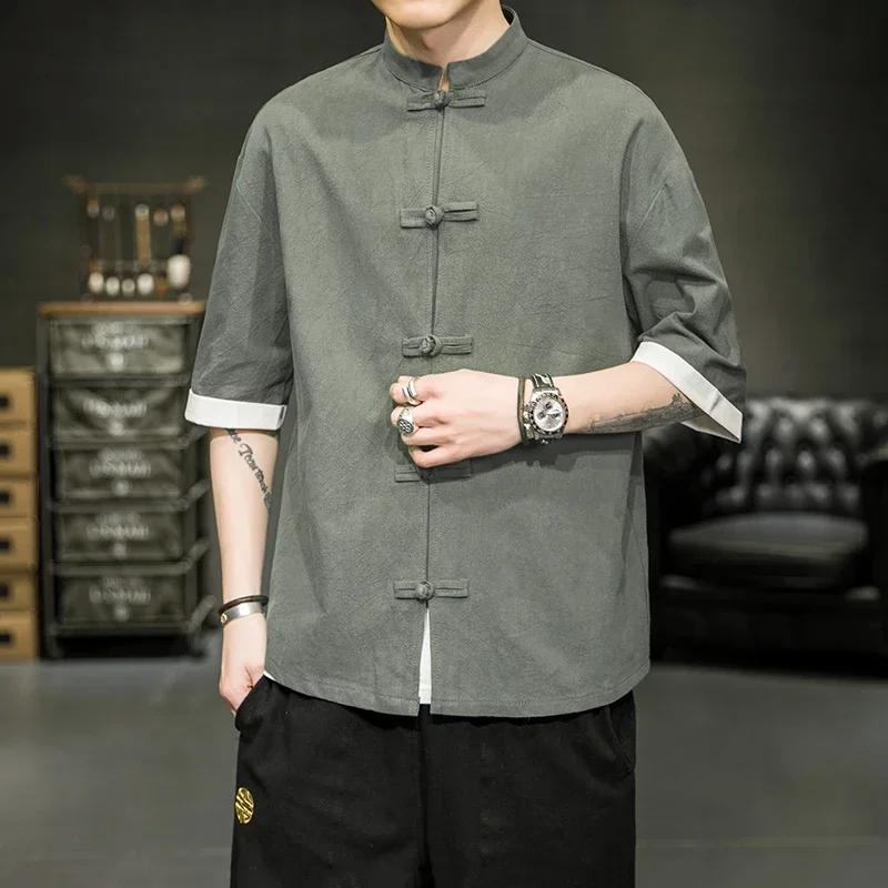 Chemise d'été de Style japonais pour hommes, col montant chinois, Yukata, Kimono samouraï, T-shirt b