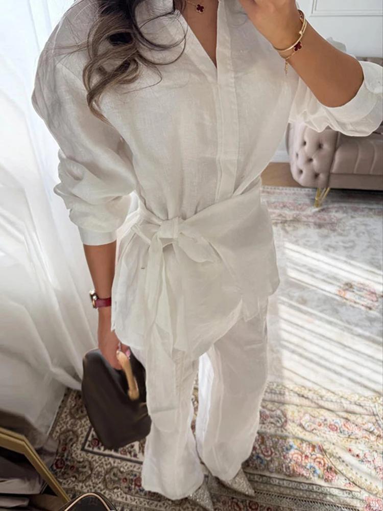 Ensemble décontracté 2 pièces en lin pour femme : chemise ample à col revers et lacets, pantalon lar