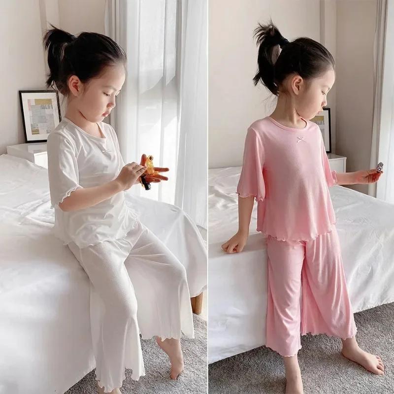 Ensemble de soie glacée pour filles, vêtements de maison fins pour enfants, vêtements d'été pour enf