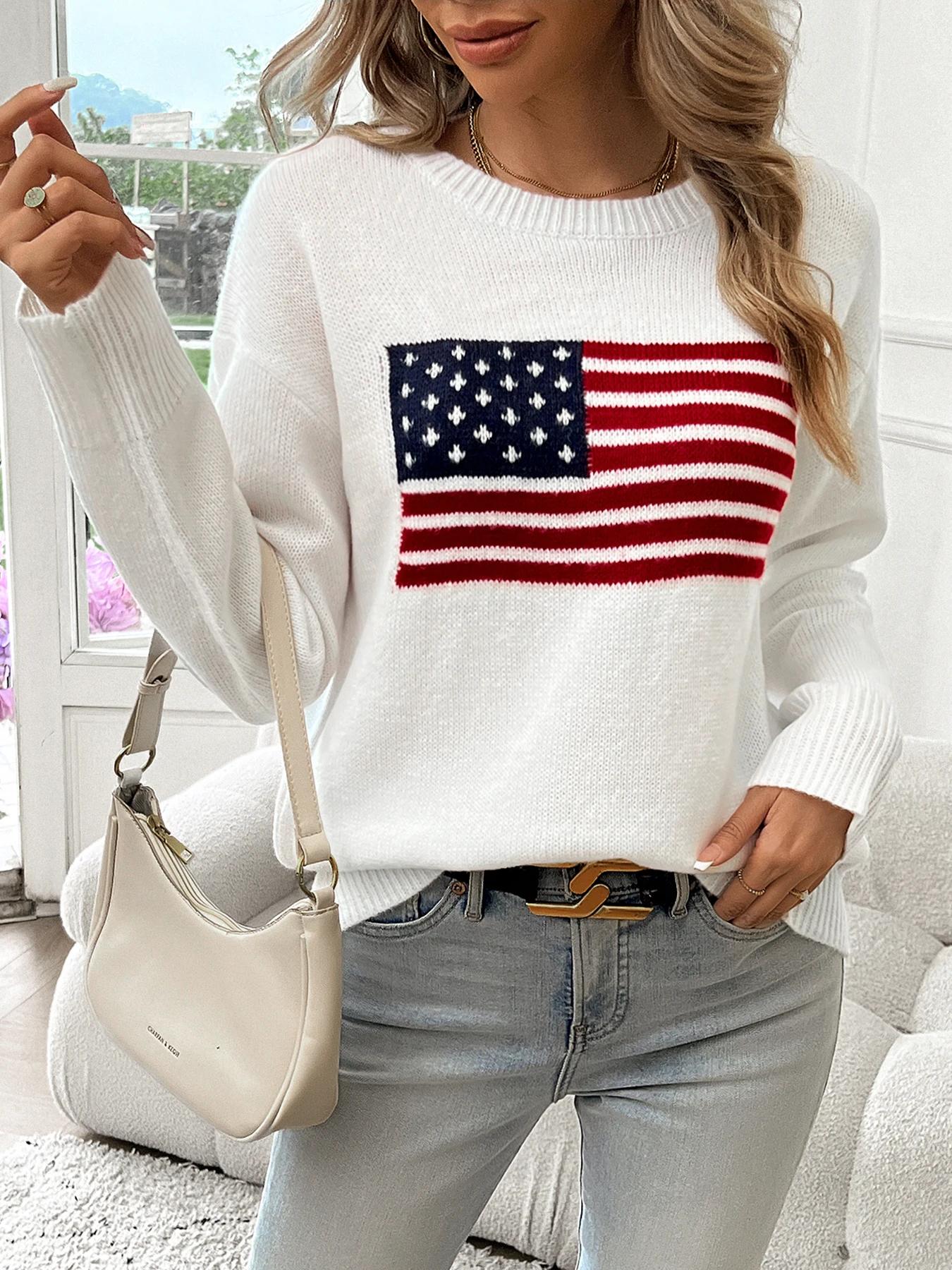 Pull à manches longues et col rond avec drapeau américain pour femme