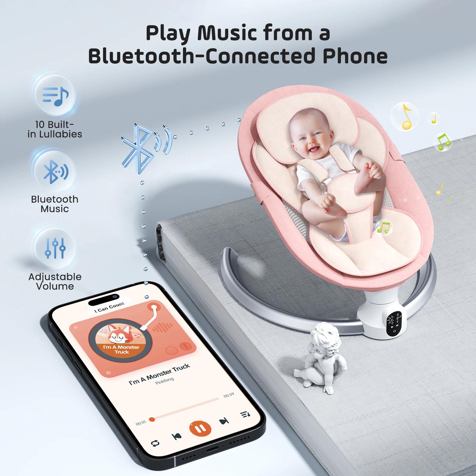 Balançoire électrique bébé avec 3 minuteries, application et télécommande - 5 vitesses, 10 musiques Bluetooth rose