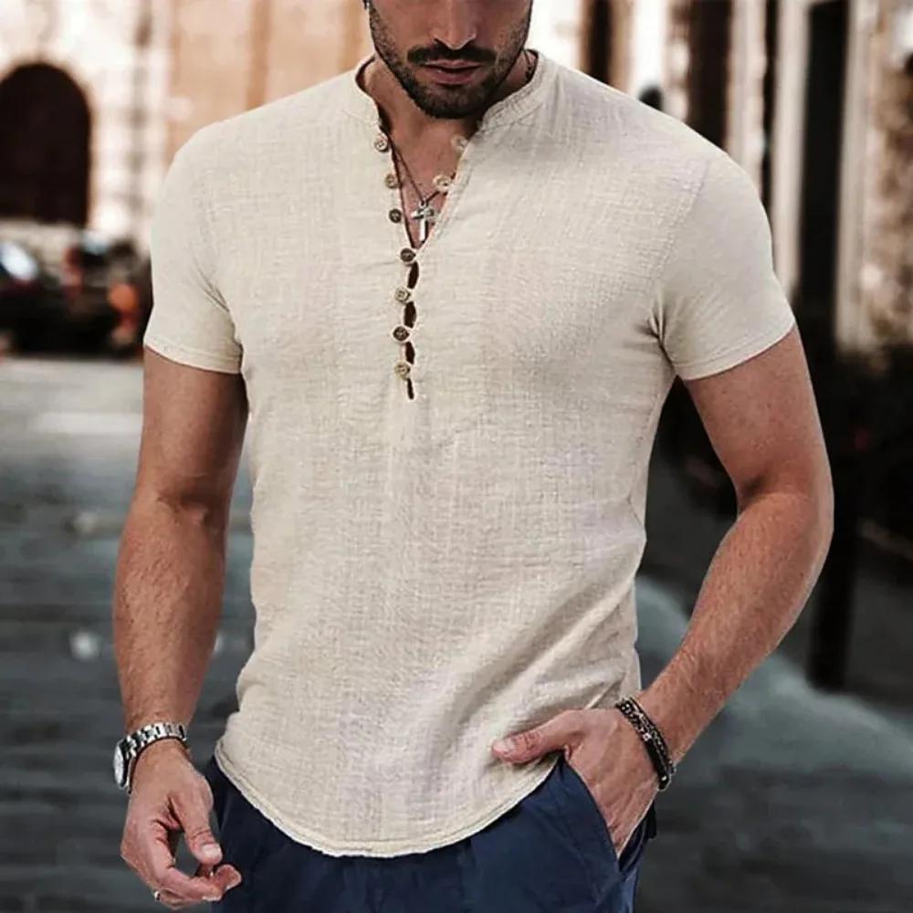 T-shirt à manches courtes pour hommes, chemise boutonnée en coton et lin, vêtements décontractés pou