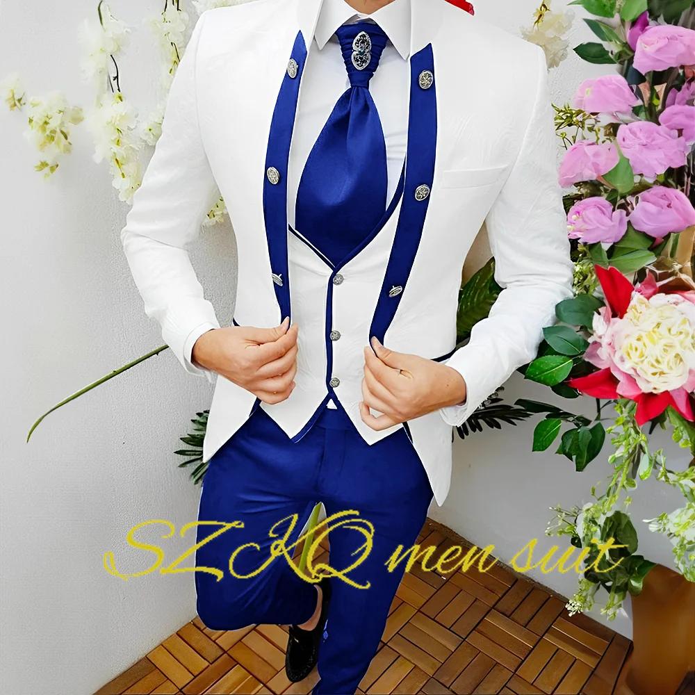 Veste et pantalon à fleurs blanches pour hommes, smoking de mariage, glaaught, ensemble 3 pièces, bl