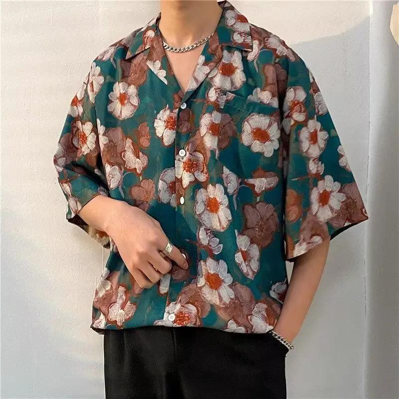 Chemise décontractée à manches courtes pour hommes et femmes, chemise à fleurs de bord de mer hawaïe