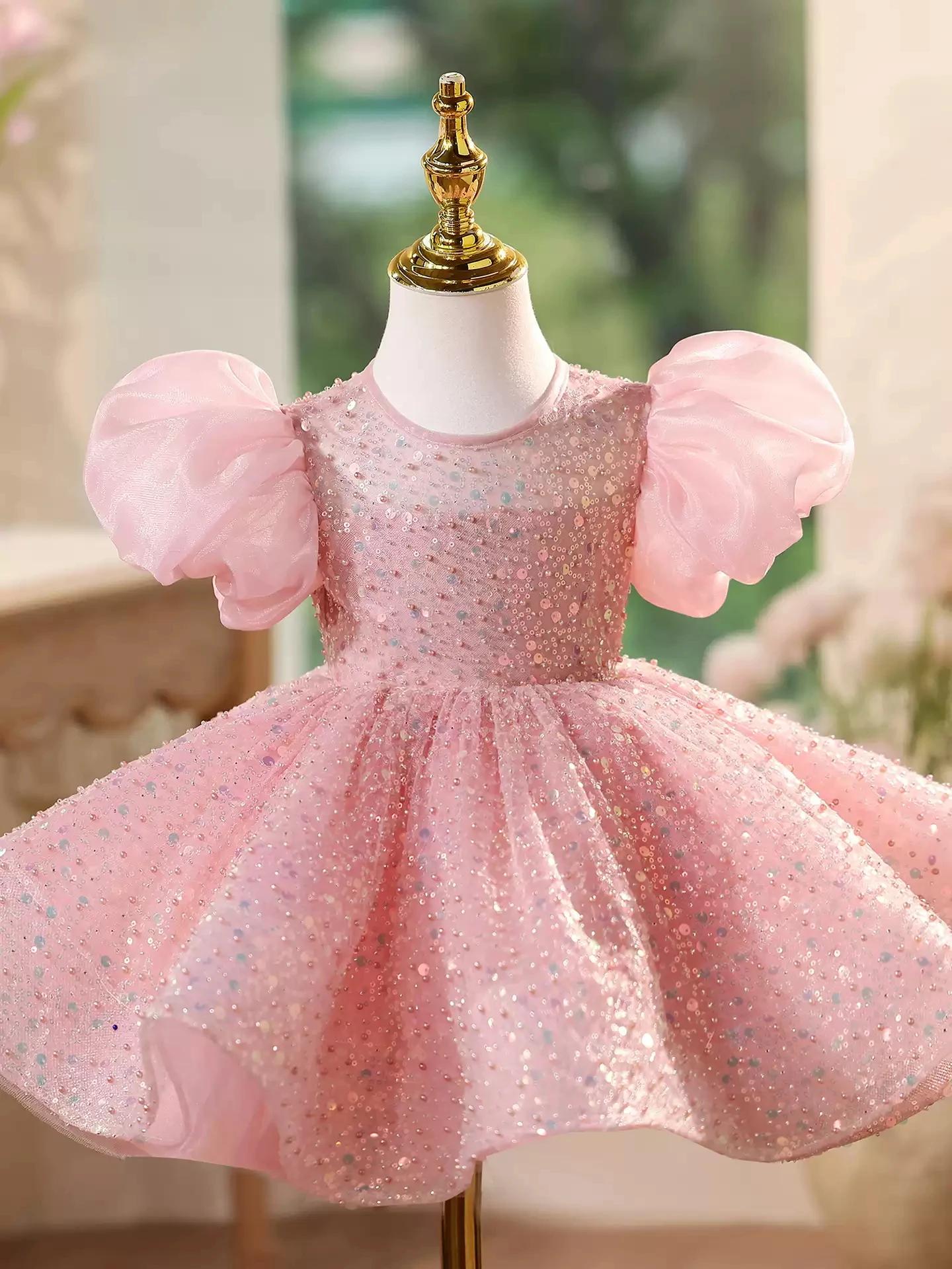 KLFLGD – robe à paillettes pour enfants, élégante, concours de beauté, manches bouffantes, fleur, ro