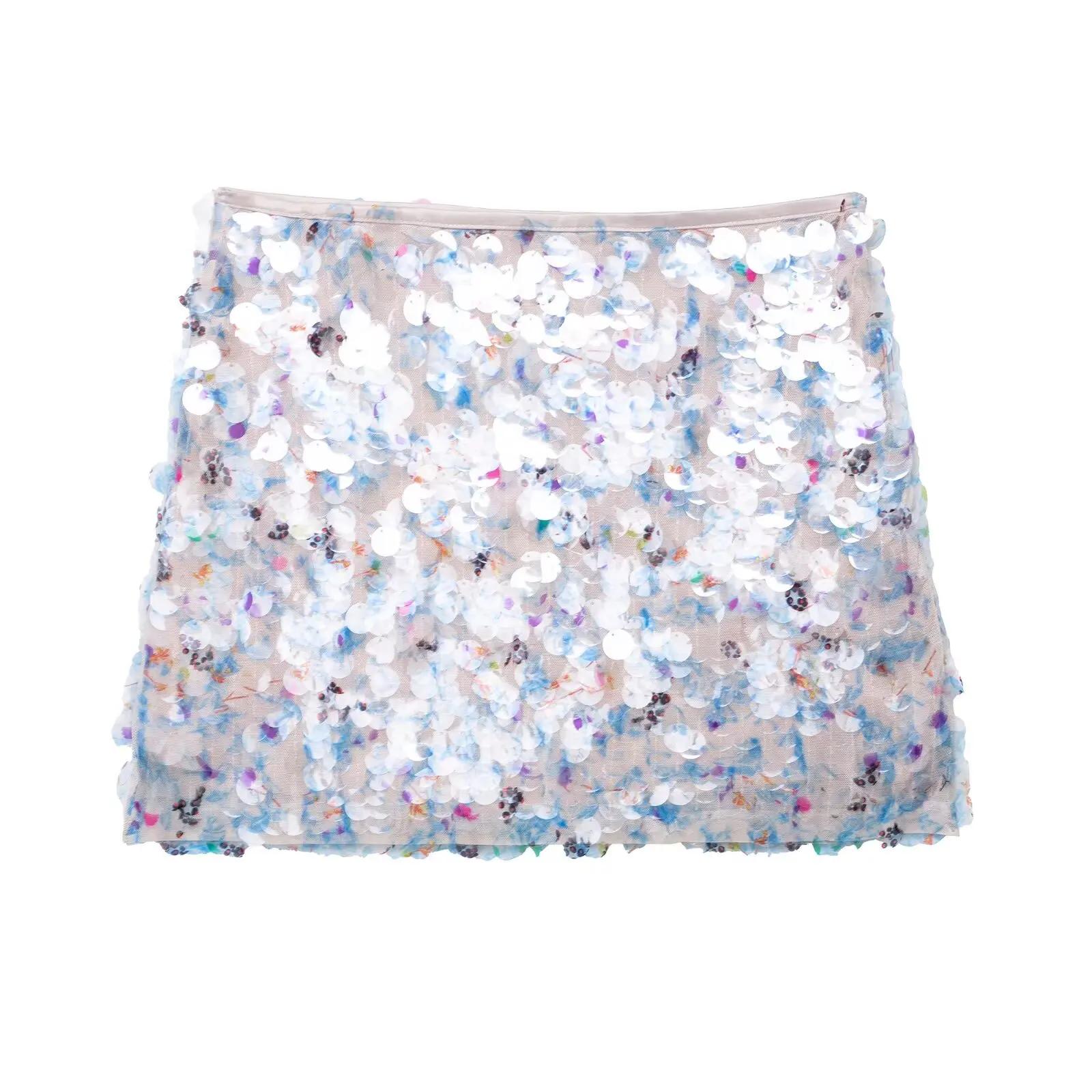 DUOPERI femmes Y2K avec paillettes solide a-ligne Mini jupe côté fermeture éclair taille haute femme