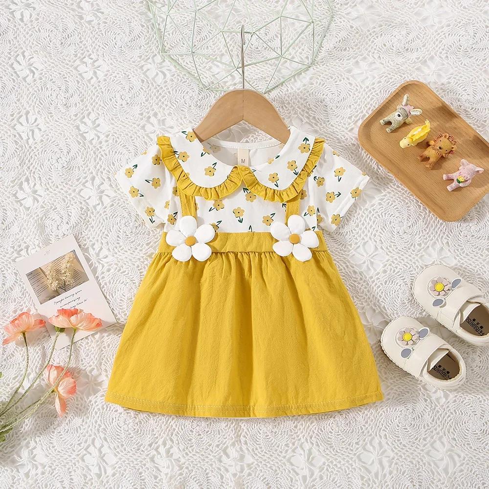 Robe d'été pour petites filles, imprimé floral, dentelle, à revers, mignonne, vacances, deux