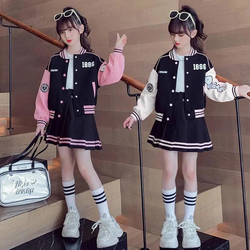 Ensemble vêtements mode filles costume baseball enfants veste jupe plissée tenue uniforme étudiant 2 pièces