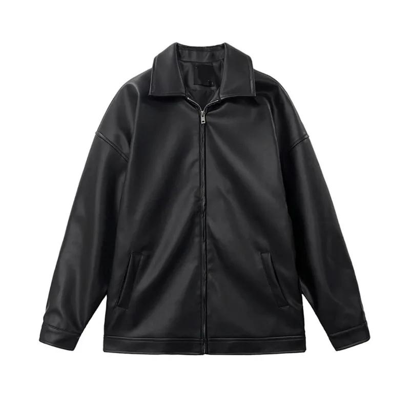 Veste en cuir PU noir surdimensionnée, col zippé, veste pour homme, style coréen, veste bomber décon