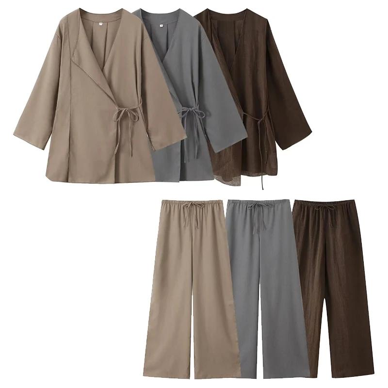 Willshela femmes mode 2 pièces ensemble solide à lacets chemises et Vintage taille élastique pantalo