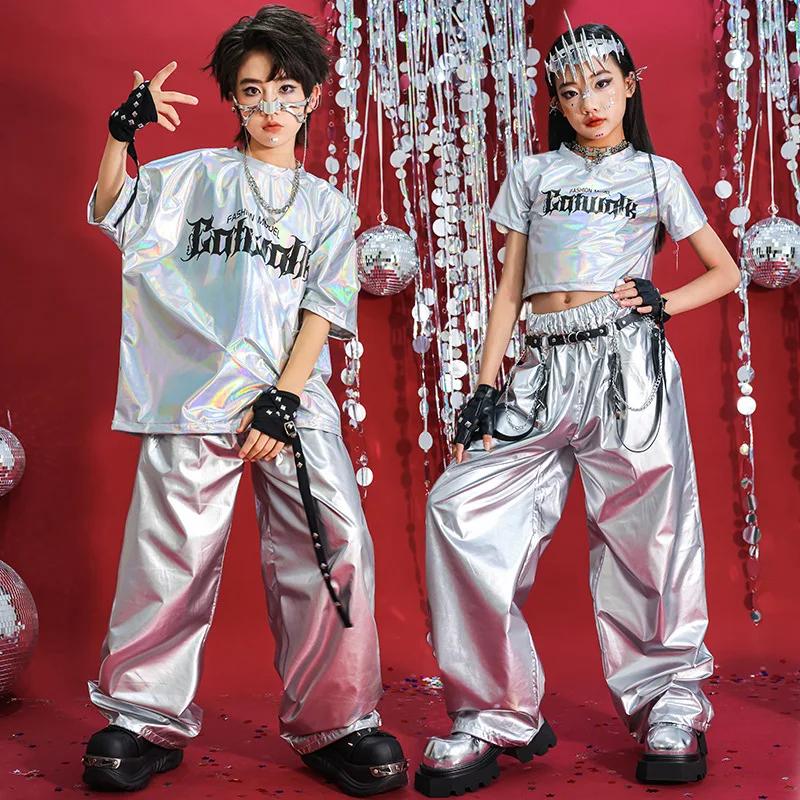 Hip Hop garçons T-shirt danse de rue argent pantalon filles K-pop brillant Joggers enfants Jazz vête