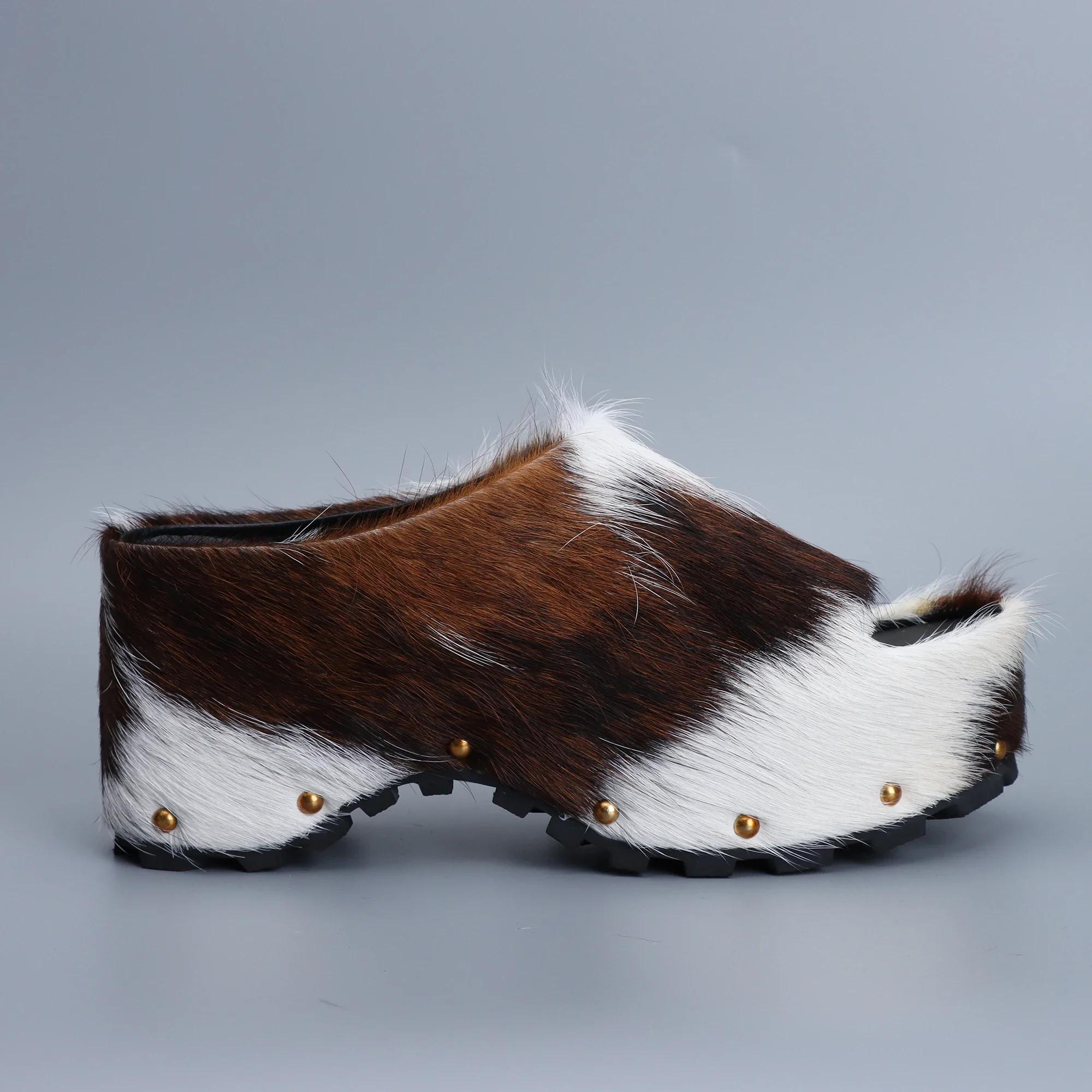 Mules à plateforme de luxe pour femmes, chaussures de styliste, en poils de veau véritable, doublées