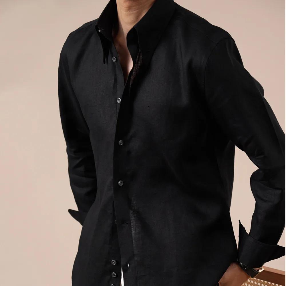 Chemises pour hommes 100% lin de haute qualité, manches longues, col italien pointu, respirantes, ch
