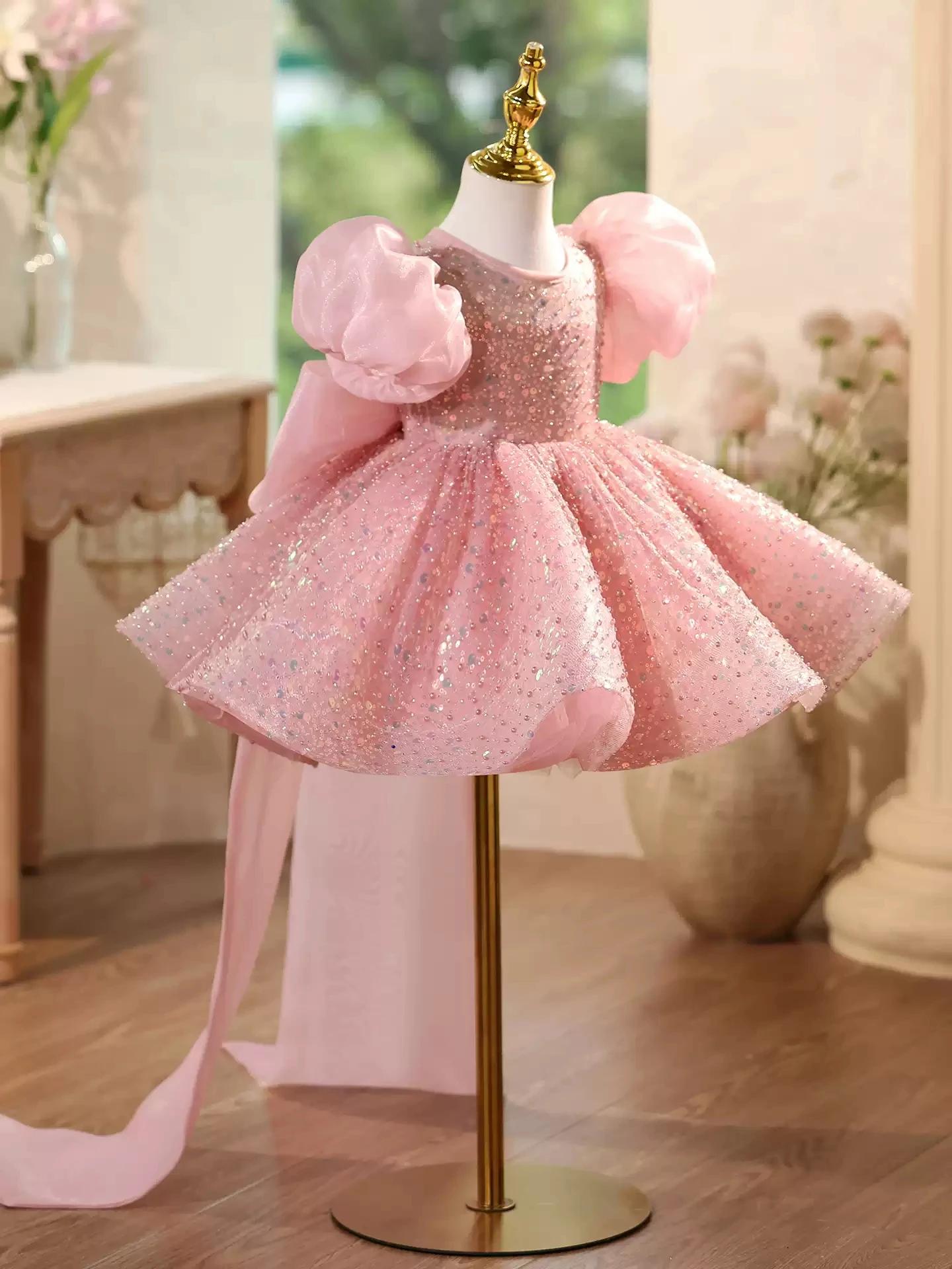 KLFLGD – robe à paillettes pour enfants, élégante, concours de beauté, manches bouffantes, fleur, ro