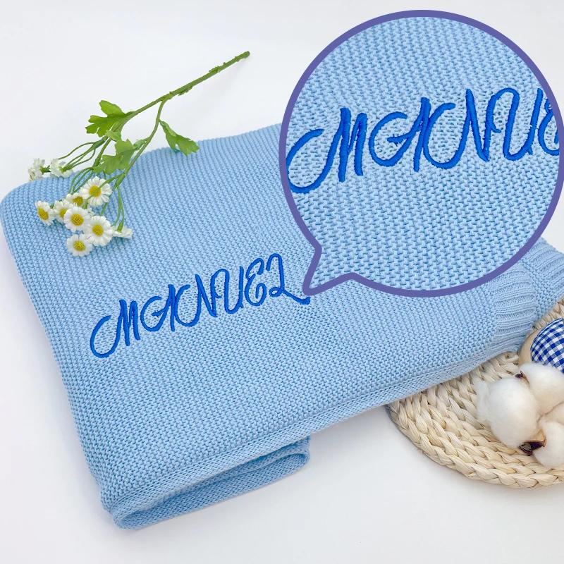 Couverture tricotée coton nom brodé personnalisé - Couverture poussette sieste nouveau-né cadeau naissance