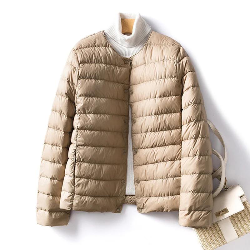 Veste en duvet de canard pour femme, col rond, col en v Variable, garde au chaud, sans col, manteau