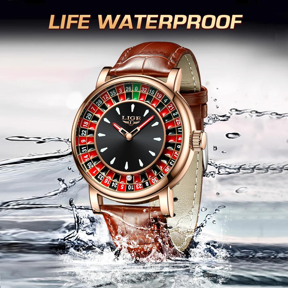 LIGE mode cuir marron hommes montre cadran rotatif Las Vegas Roulette bureau thème montre hommes éta