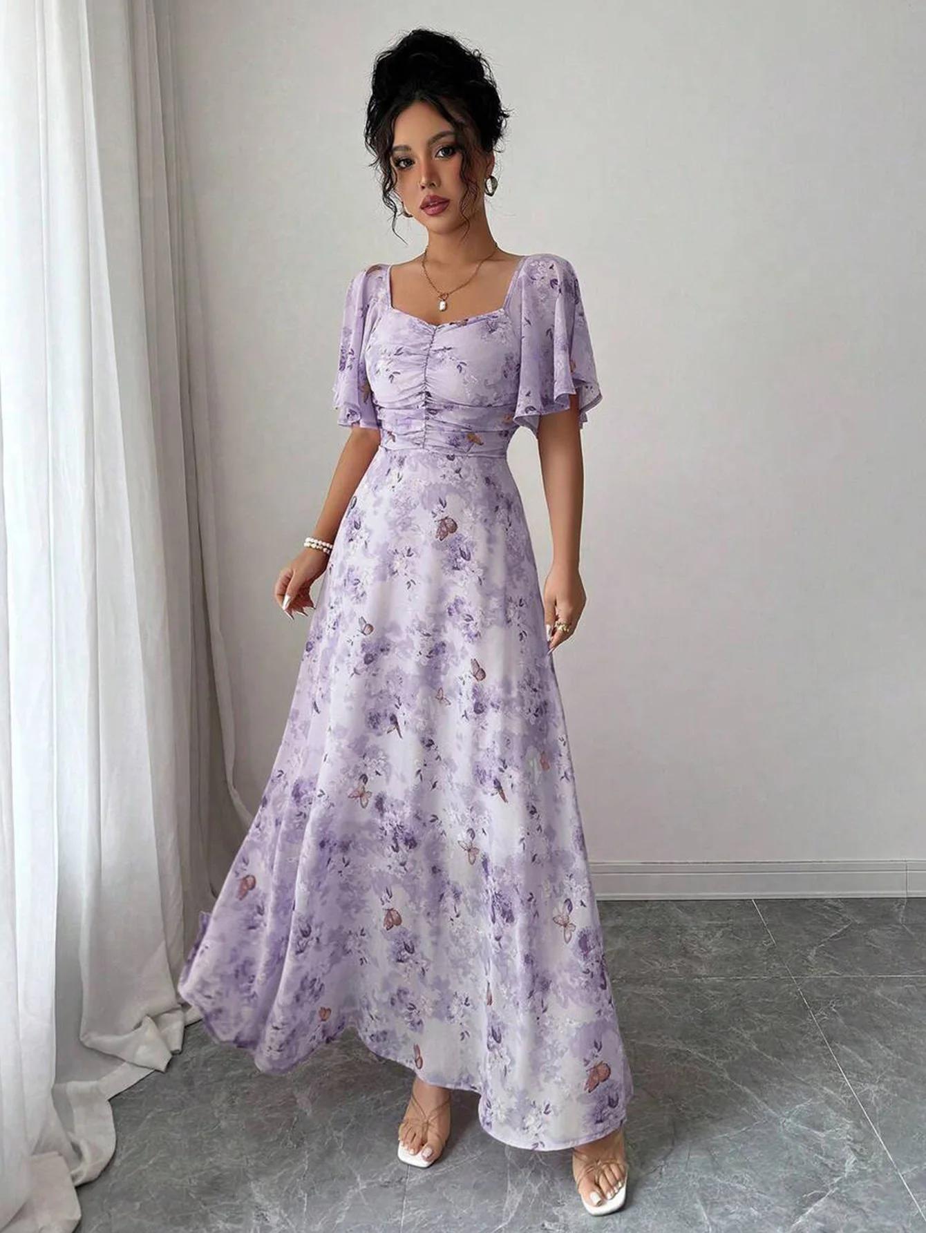 Mini robe de style français pour femmes, avec imprimé papillon violet, manches chauve-souris et ferm