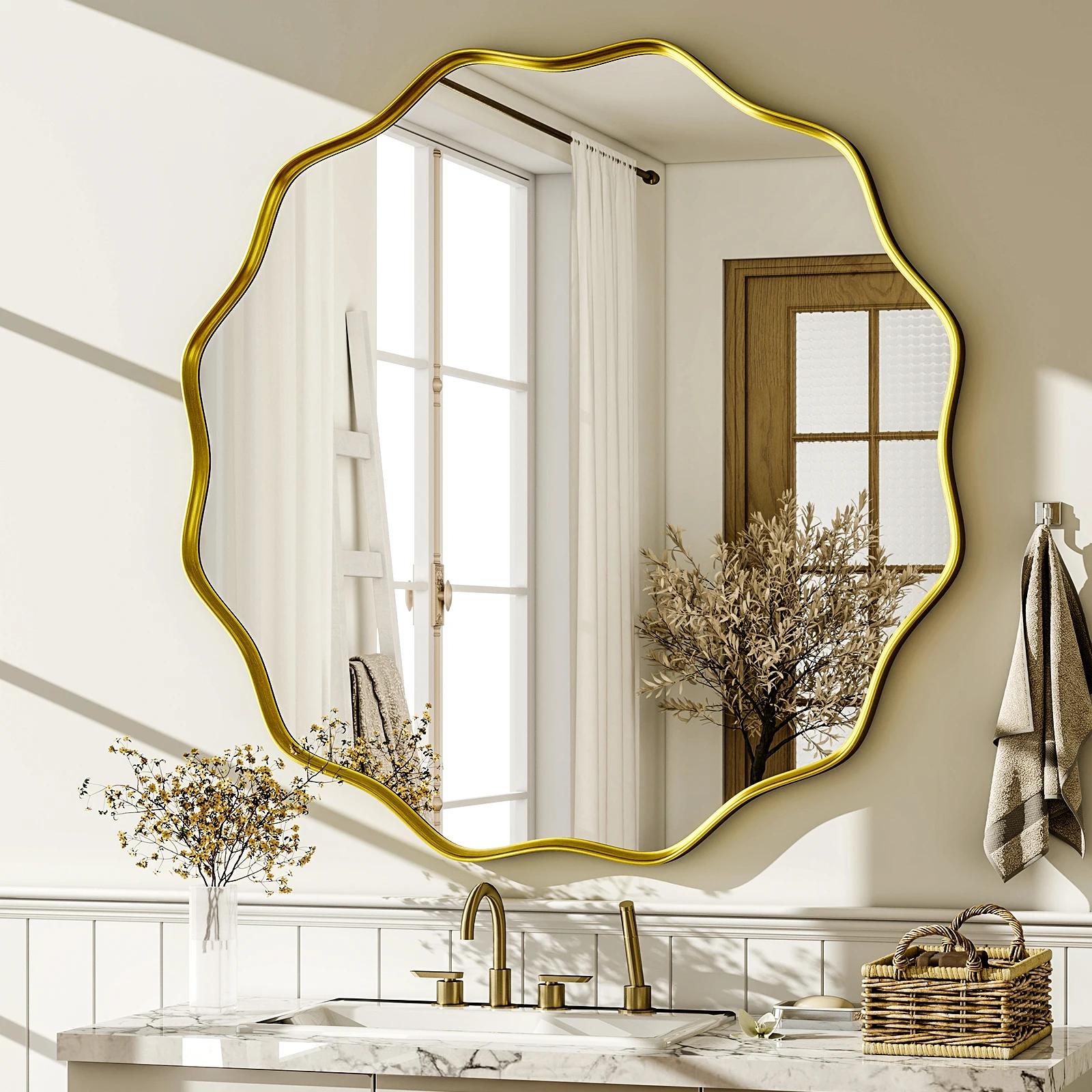 Miroir de salle de bain rond ondulé, miroir mural décoratif avec cadre profond