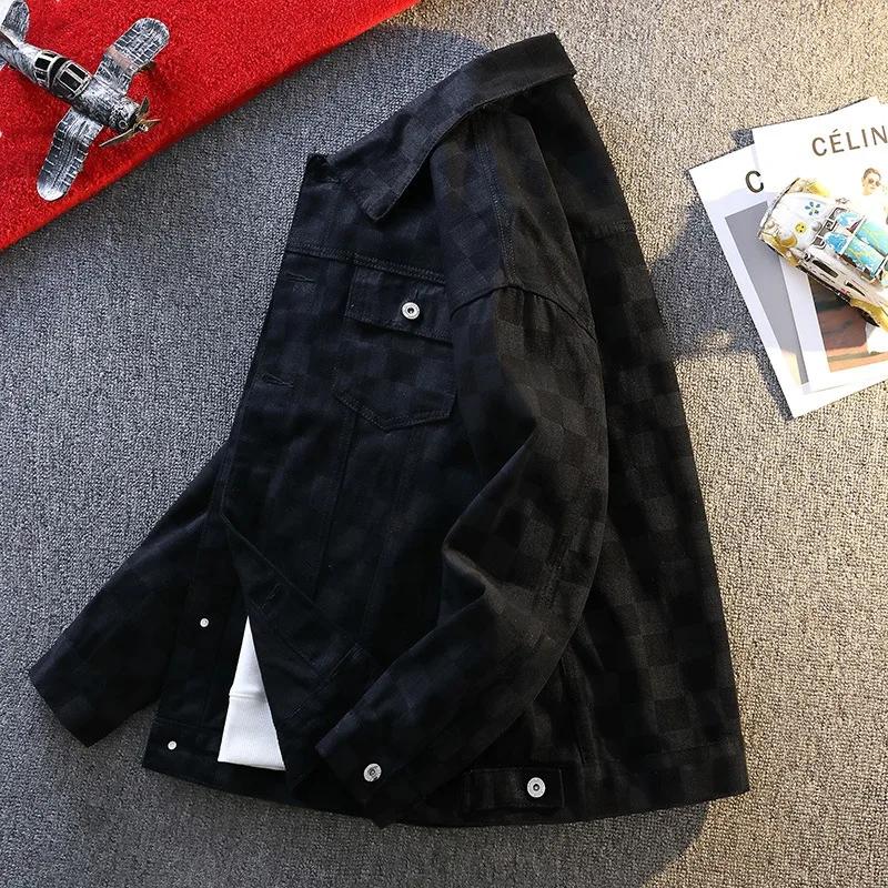 Vestes pour homme, tendance, surdimensionnées, à imprimé damier, en denim, style streetwear décontra