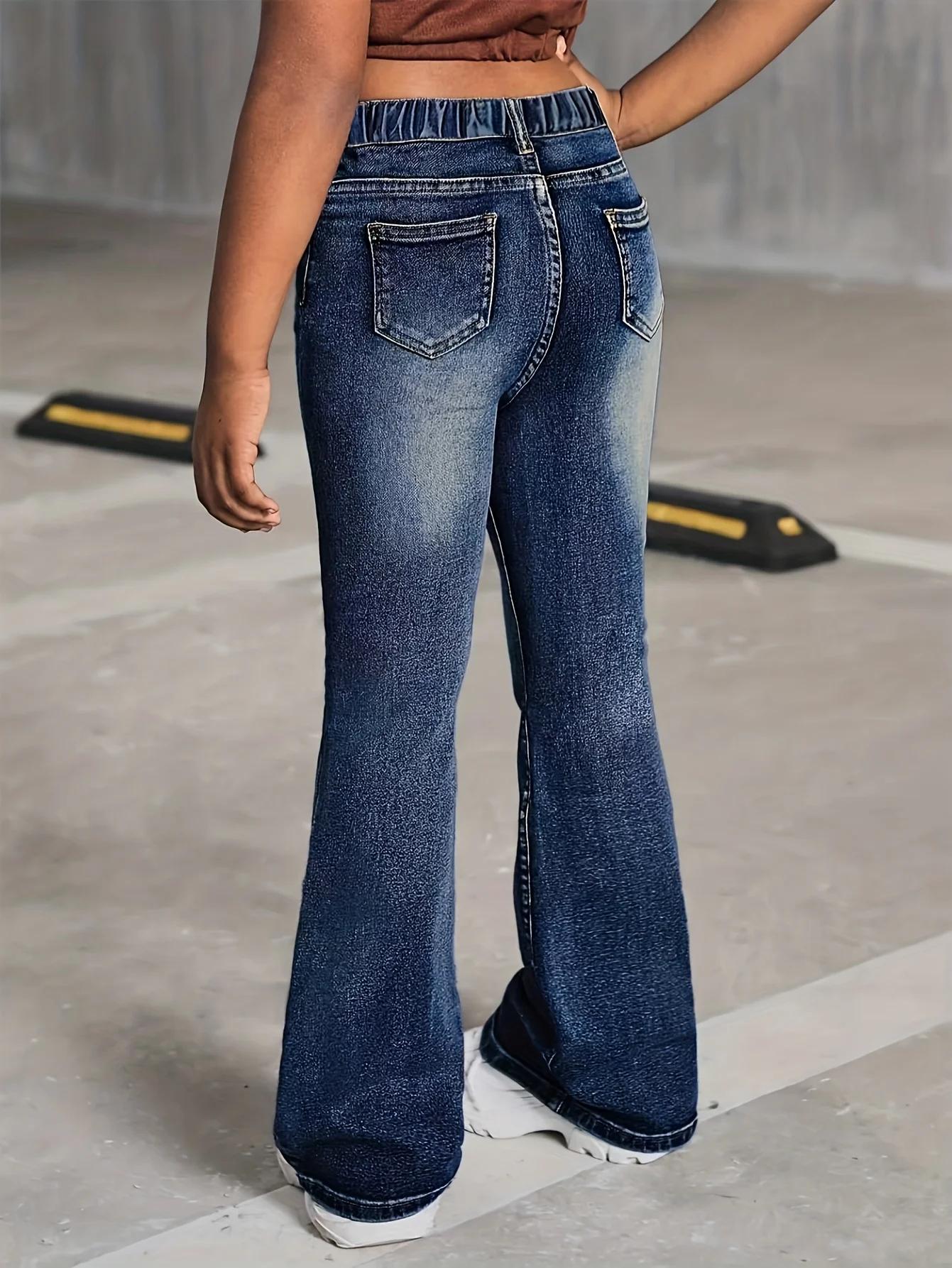Jean à jambes larges de style scolaire pour filles, taille élastique et tissu confortable, adapté à