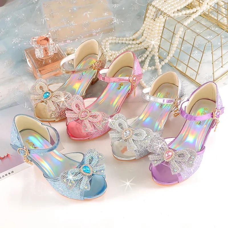 Sandales d'été à talons pour filles, chaussures à paillettes brillantes avec strass, chaussures de d